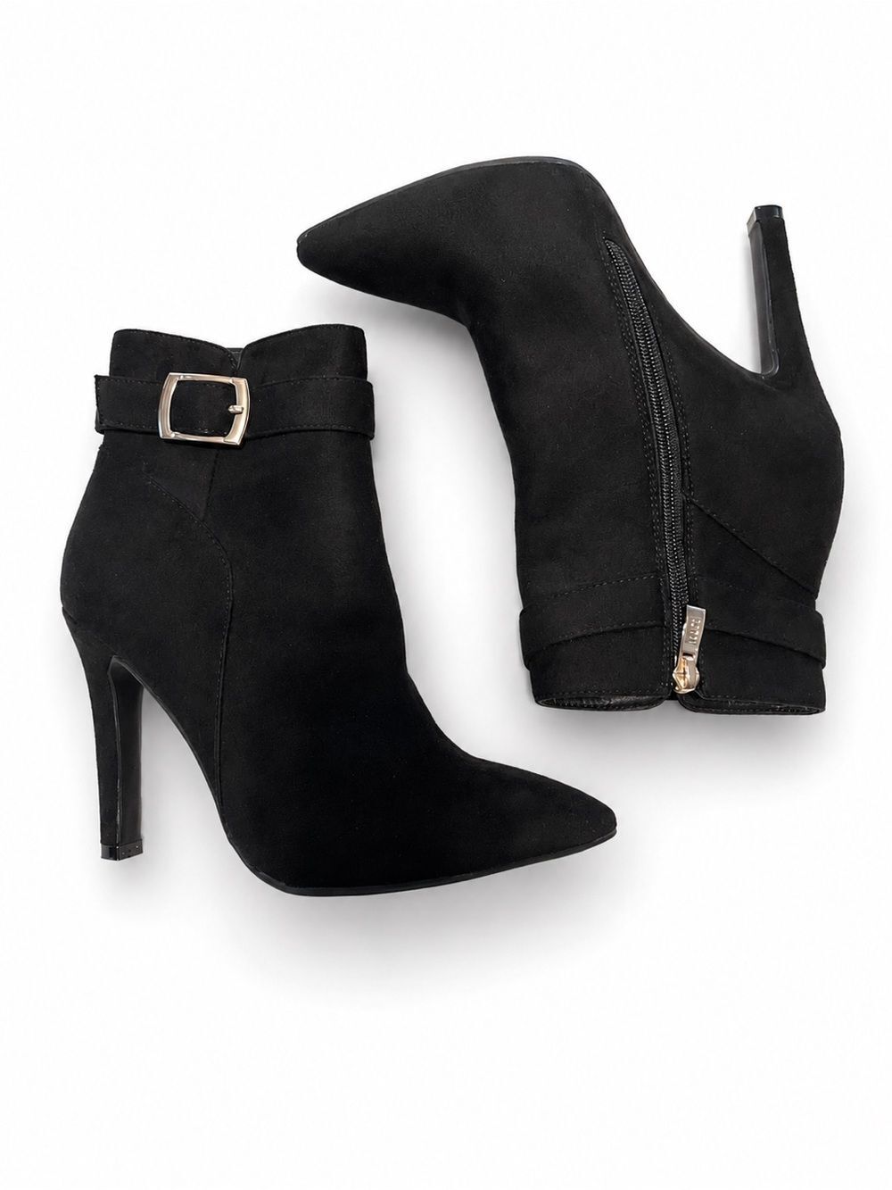 IDIFU Black Faux Suede Pointed Toe Ankle Booties Size 7.5 NWOB Heel Buckle - Picture 7 of 14